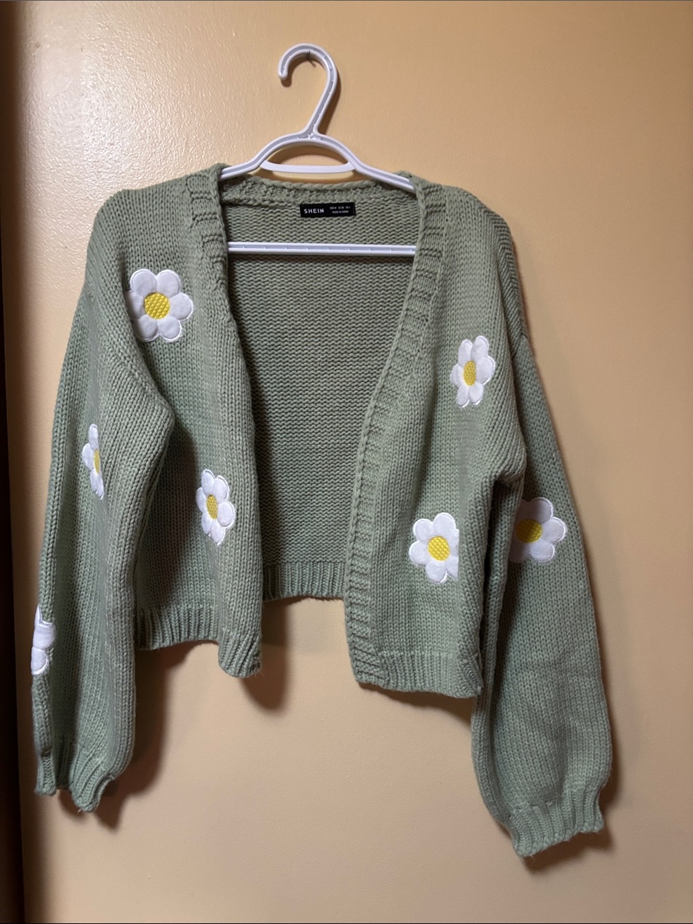 SHEIN Sage Green Cropped Cardigan with White & Yellow Daisy Appliqués